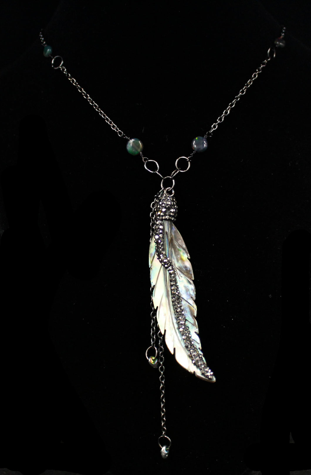 Oxidized Sterling Silver Abalone Feather Necklace with Black Opal