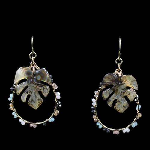 Teardrop Shape Open Center Encrusted with Beads & Abalone Leaf Earrings - Elegant Elements By Kelly