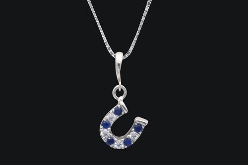 Sterling Silver Blue & Clear Cubic Zirconia Dangle Delicate Horseshoe Necklace - Elegant Elements By Kelly