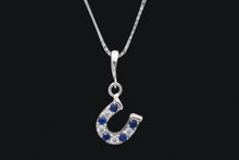 Load image into Gallery viewer, Sterling Silver Blue &amp; Clear Cubic Zirconia Dangle Delicate Horseshoe Necklace - Elegant Elements By Kelly
