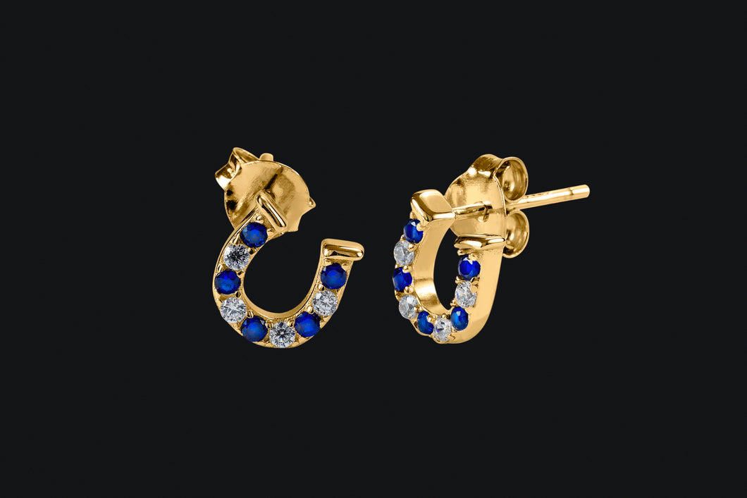 14K Gold Small Sapphire & Diamond Horseshoe Stud Earrings
