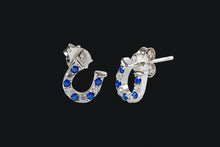 Load image into Gallery viewer, 14K White Gold Small Sapphire &amp; Diamond Horseshoe Stud Earrings - Elegant Elements By Kelly
