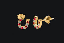 Load image into Gallery viewer, 14K Gold Ruby &amp; Diamond Tiny Horseshoe Stud Earrings
