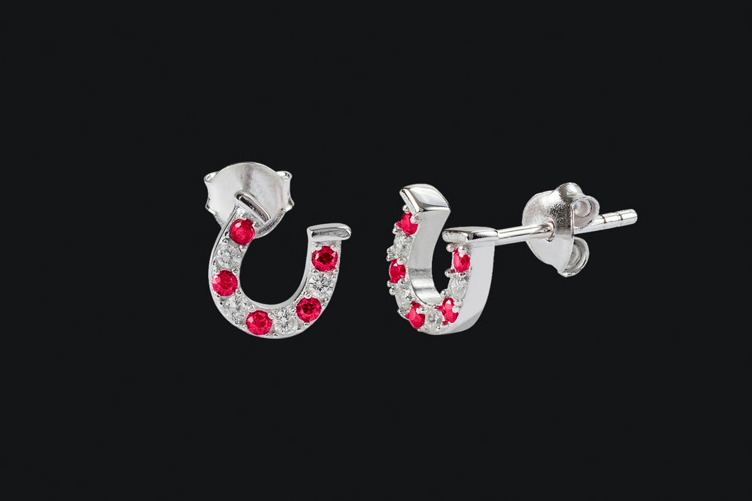 Sterling Silver Small Red & Clear Horseshoe Stud Earrings - Elegant Elements By Kelly