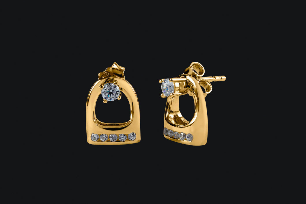 14K Gold Diamond Stud Earrings with Small English Stirrup Jackets