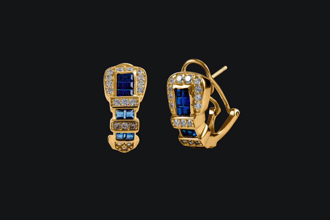 14K Gold Sapphire & Diamond Ranger Style Buckle Earrings