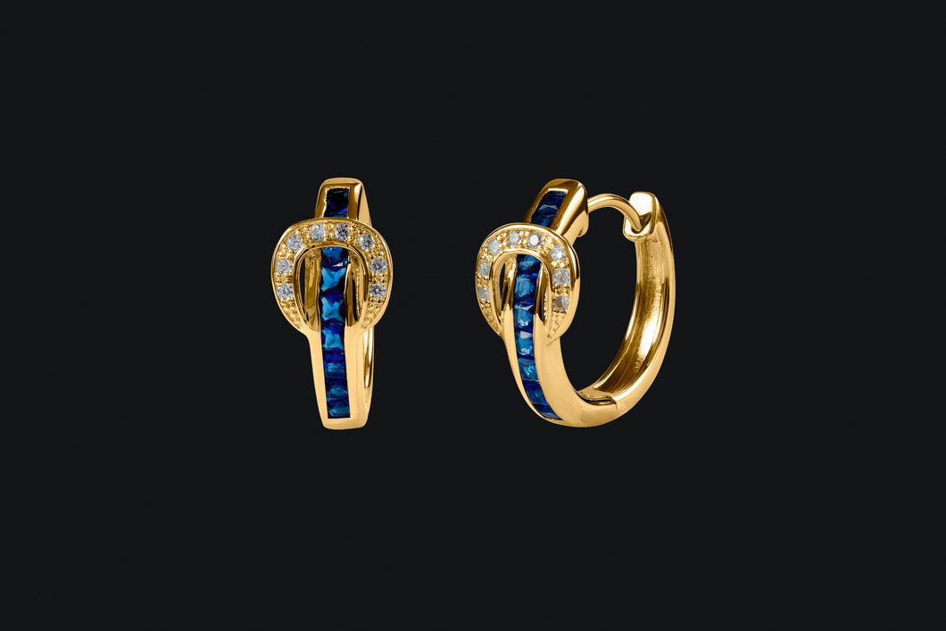 14K Gold Blue Sapphire & Diamond Hoop Contemporary Buckle Earrings - Elegant Elements By Kelly