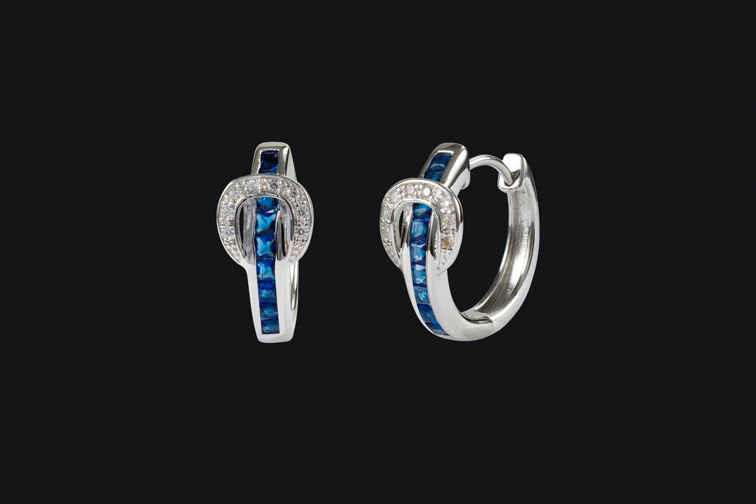 Sterling Silver Blue Cubic Zirconia Contemporary Buckle Hoop Earrings