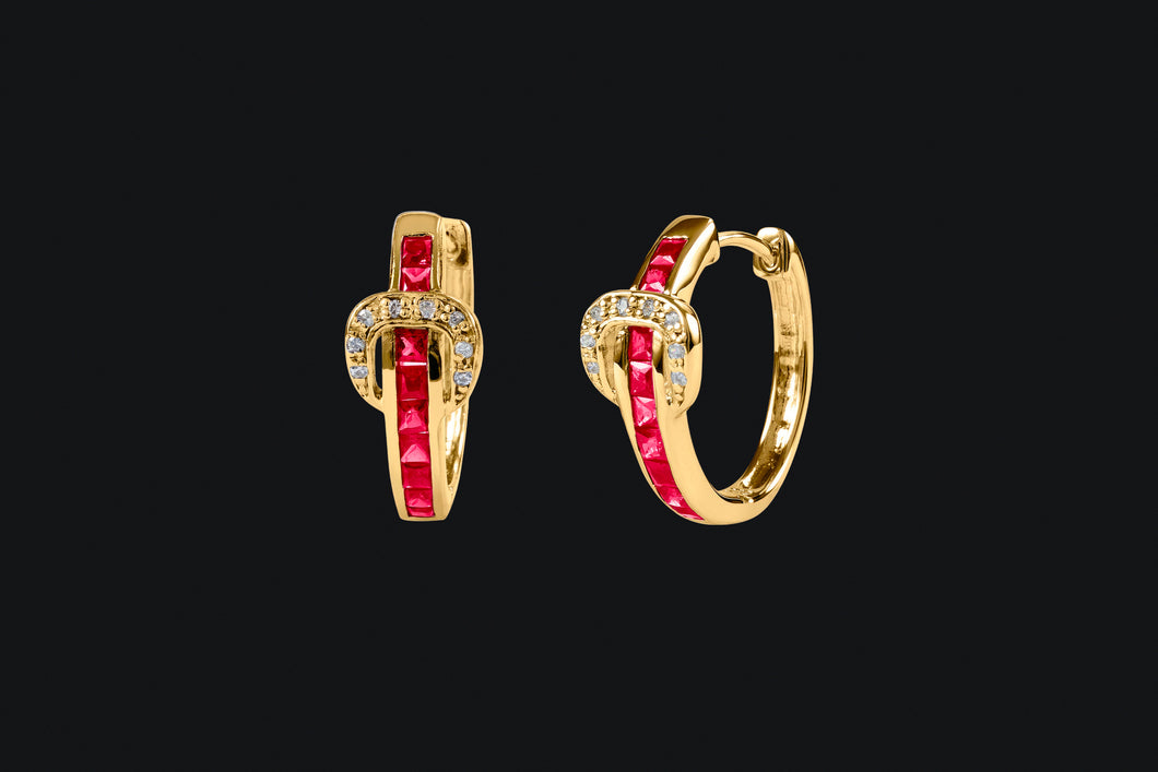 14K Gold Ruby & Diamond Contemporary Buckle Hoop Earrings