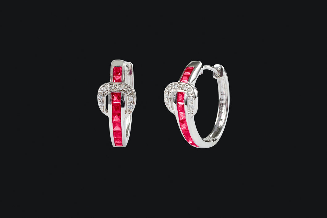 Sterling Silver Cubic Zirconia Red & Clear Contemporary Buckle Hoop Earrings