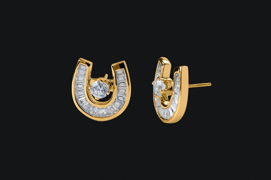 14K Gold Diamond Baguette Horseshoe Jacket and Stud Earrings