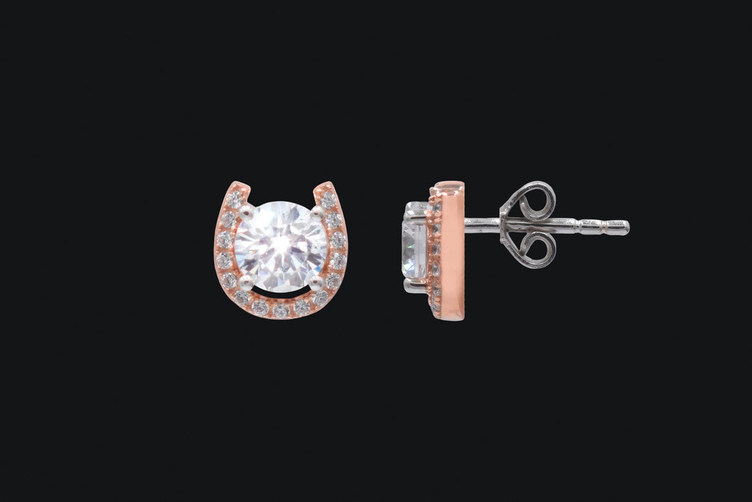 Sterling Silver & 14K Rose Gold Plated Horseshoe Stud Cubic Zirconia Earrings