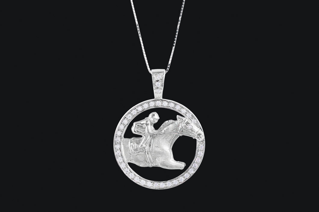 Sterling Silver Circle Cubic Zirconia Race horse Necklace