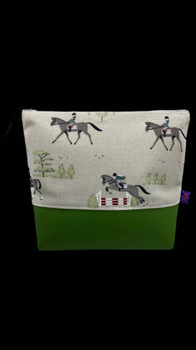 Horse Rider Show Jumping Fabric with Green Faux Leather Bag. British Handmade Gift, Cosmetics Case, Toiletries Pouch, Makeup Bag or Purse - Elegant Elements By Kelly