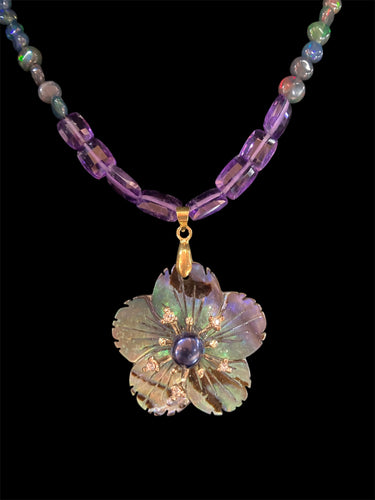 Gold Filled Abalone Flower Necklace With Amethyst & Black Opal - Elegant Elements By Kelly