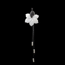 Load image into Gallery viewer, Mother Of Pearl Magnolia Flower Pendant With Tiny Gray Crystals On One Petal With Oxide Gunmetal Chain
