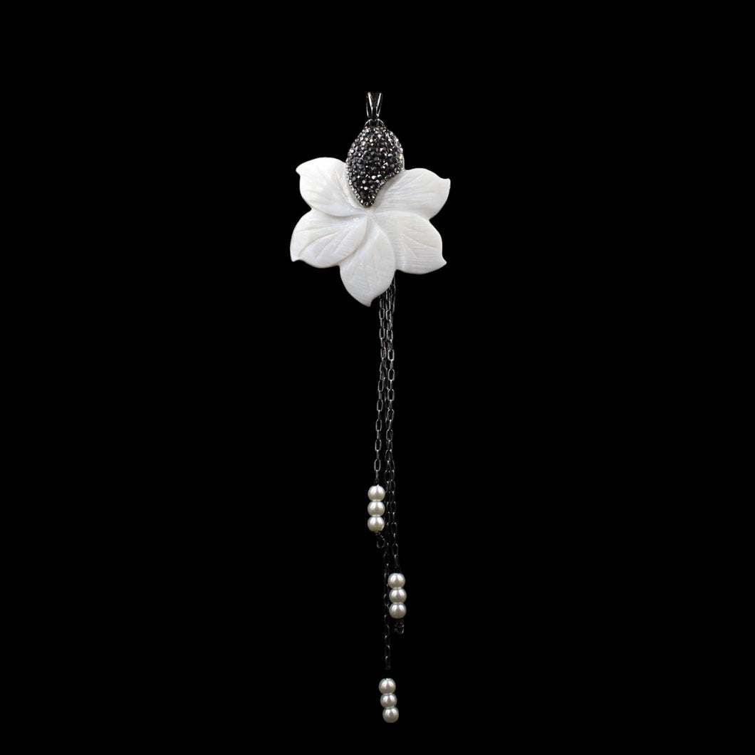 Mother Of Pearl Magnolia Flower Pendant With Tiny Gray Crystals On One Petal With Oxide Gunmetal Chain