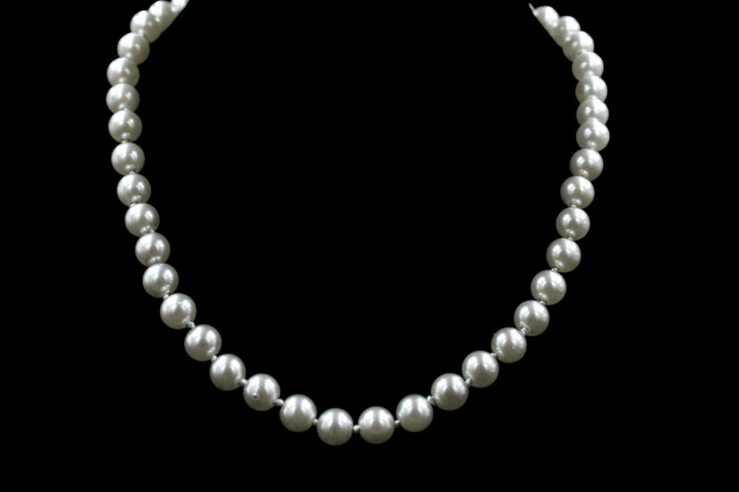 Faux Silver 8mm Pearl Necklace With Knots and Gold Tone Clasp