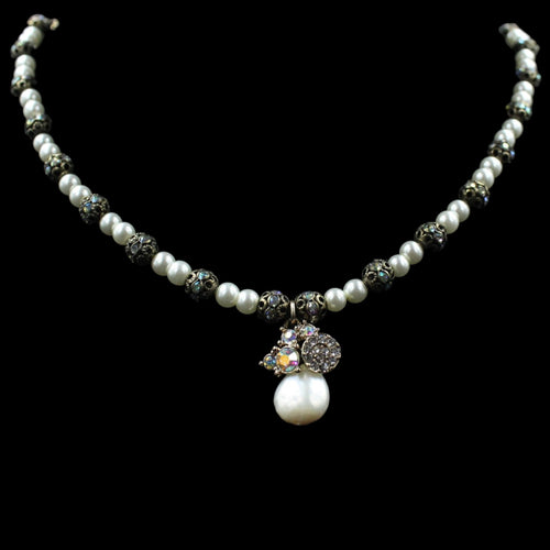 Faux White Pearl Necklace With Vintage Multi Iridescent Crystal Accent Beads - Elegant Elements By Kelly