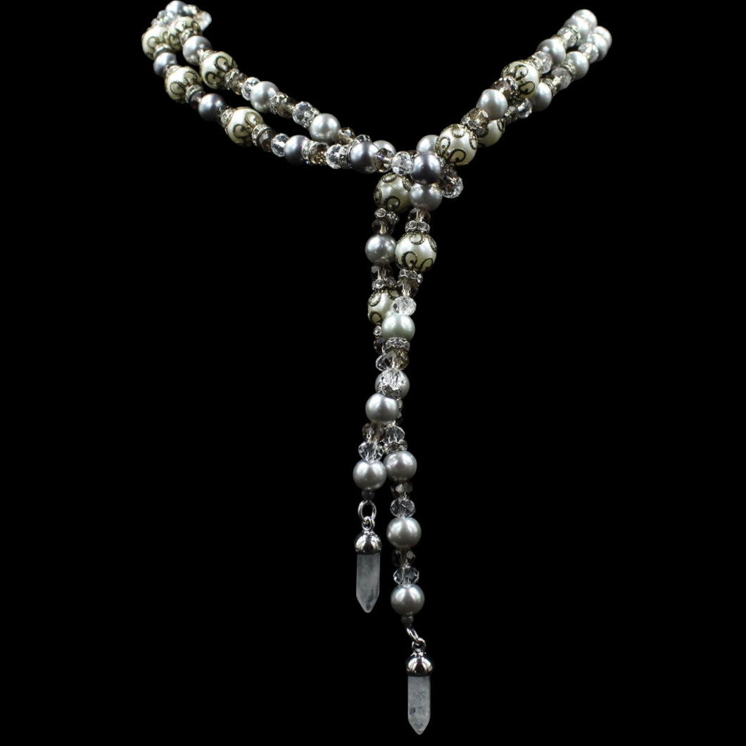 Faux Pearl Lariat Necklace With White & Cream Crystal & Cubic Zirconia Spacers - Elegant Elements By Kelly