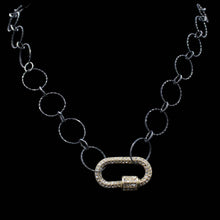 Load image into Gallery viewer, Oxidized Silver Plated Open Circle Necklace W/ Gold Tone Rhinestone Carabiner Clasp - Elegant Elements By Kelly

