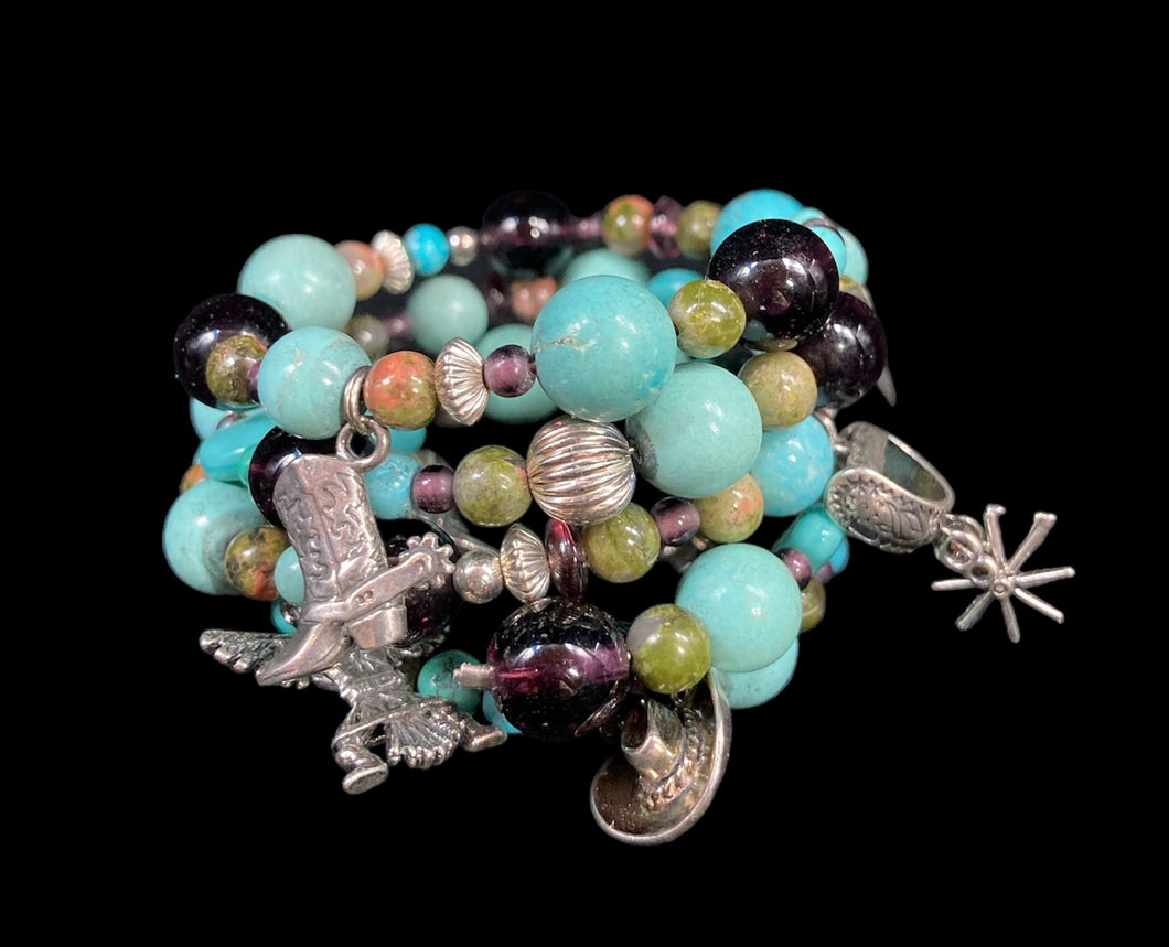 Sterling Silver Coil Turquoise Bracelet with Western Theme Charms - Elegant Elements By Kelly