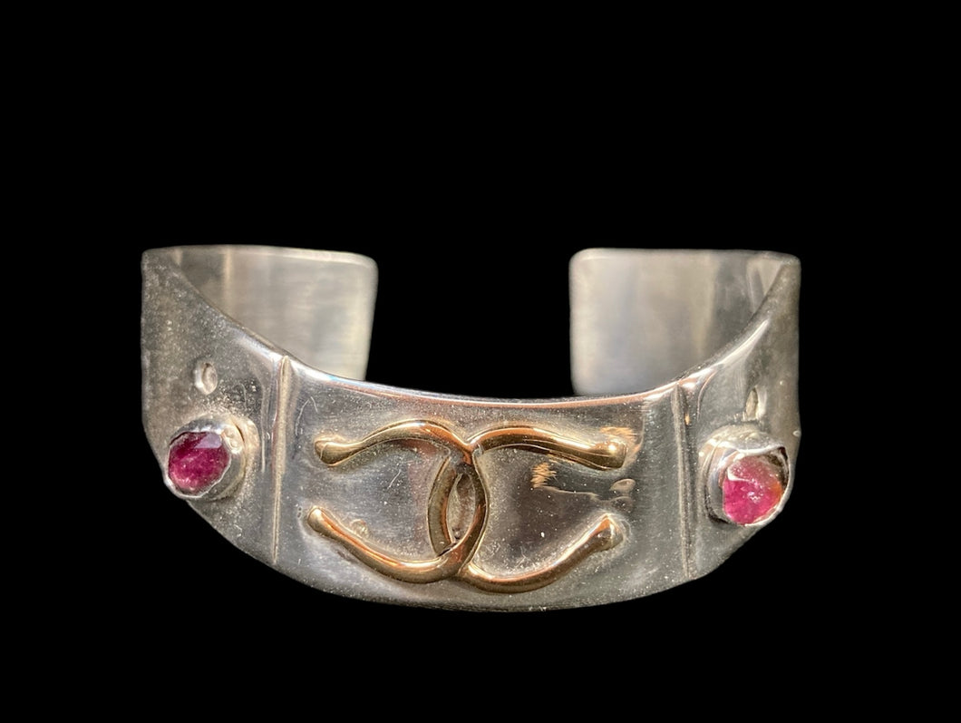 Custom Sterling Silver & Brass Double Horseshoe w/ Bezel Watermelon Tourmaline - Elegant Elements By Kelly