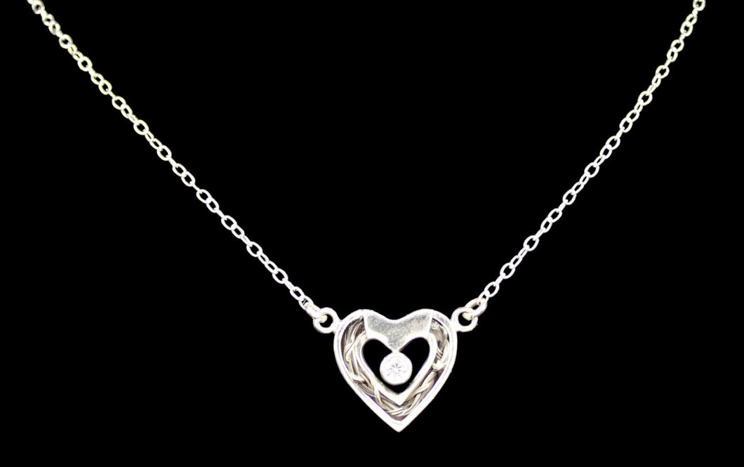 Custom Sterling Silver Horse Hair Small Heart Necklace w/ Cubic Zirconia Stone