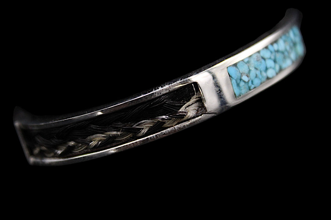 Custom Sterling Silver Horsehair Cuff Bracelet w/ Crushed Turquoise Inlay - Elegant Elements By Kelly