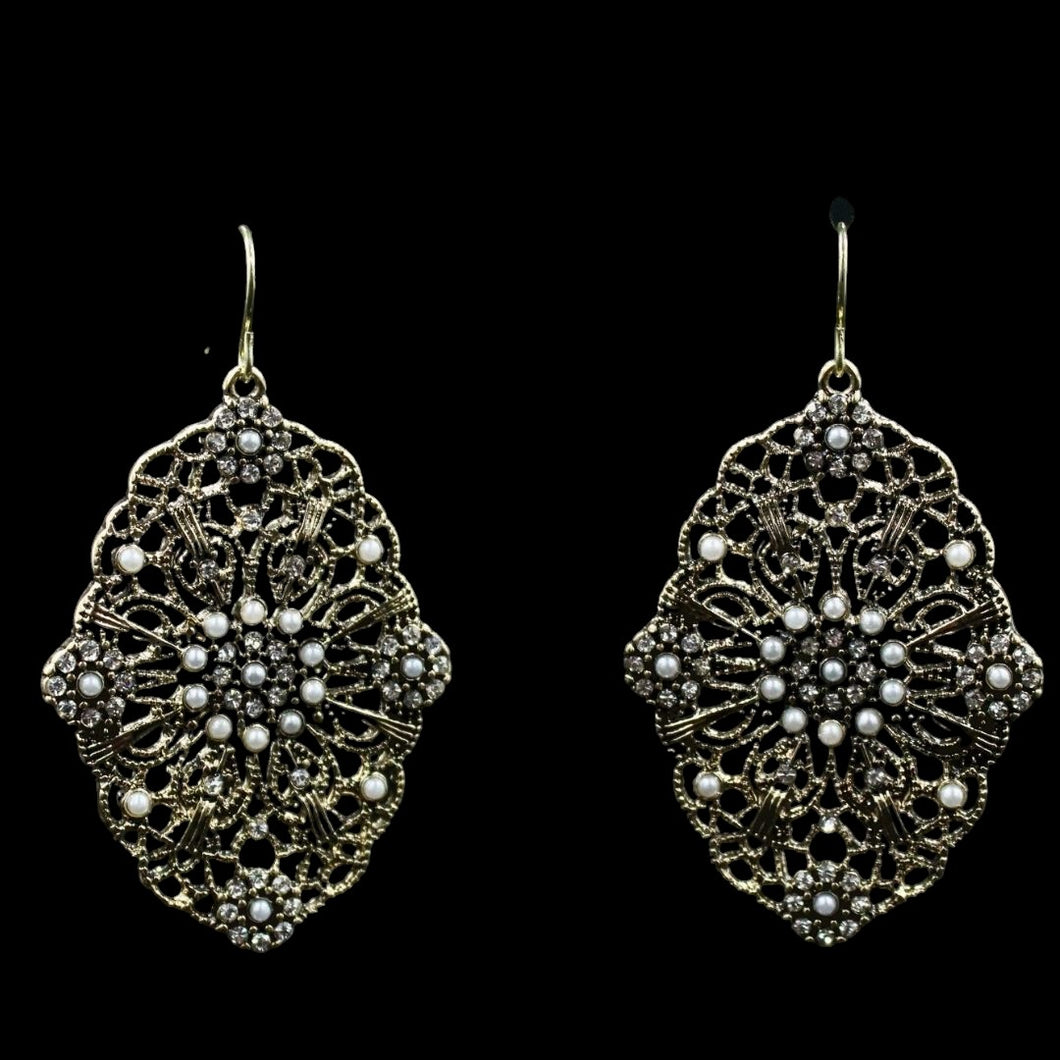 Vintage Gold Tone Pearl & Crystal Lace Dangle Earrings